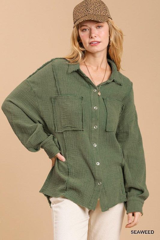 Mineral wash button down top with high low hem | Mixtshop LLC