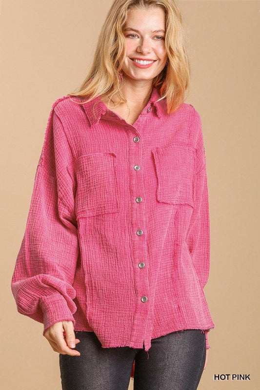 Mineral wash button down top with high low hem | Mixtshop LLC