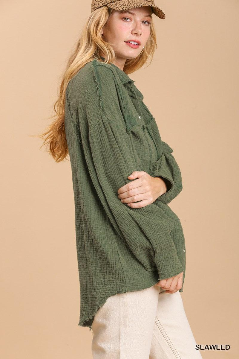 Mineral wash button down top with high low hem | Mixtshop LLC