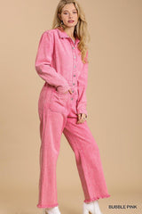 Mid button down stone wash wide leg distressed jumpsuit & side pockets with no lining | Mixtshop LLC