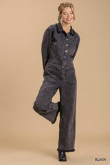 Mid button down stone wash wide leg distressed jumpsuit & side pockets with no lining | Mixtshop LLC