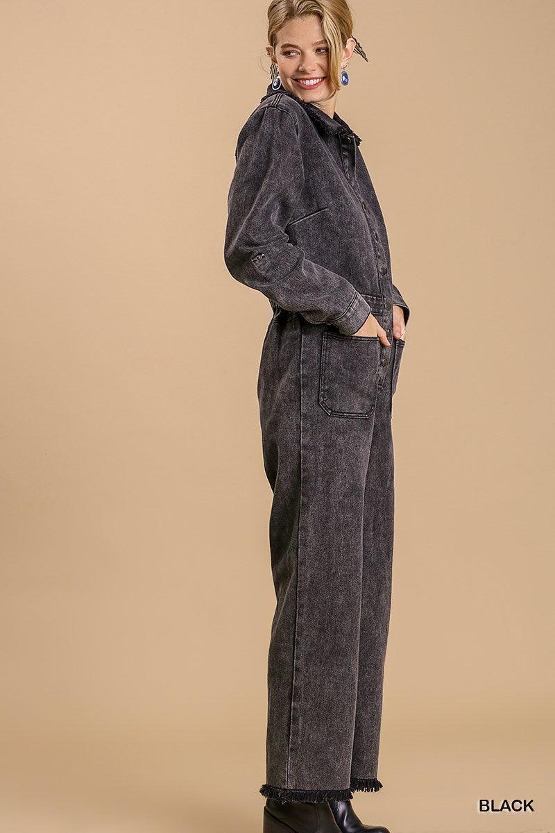 Mid button down stone wash wide leg distressed jumpsuit & side pockets with no lining | Mixtshop LLC