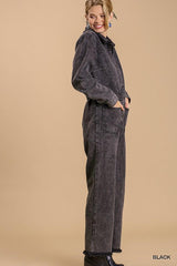 Mid button down stone wash wide leg distressed jumpsuit & side pockets with no lining | Mixtshop LLC