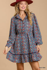 Collared neckline button down floral print dress with crochet trimmed details | Mixtshop LLC