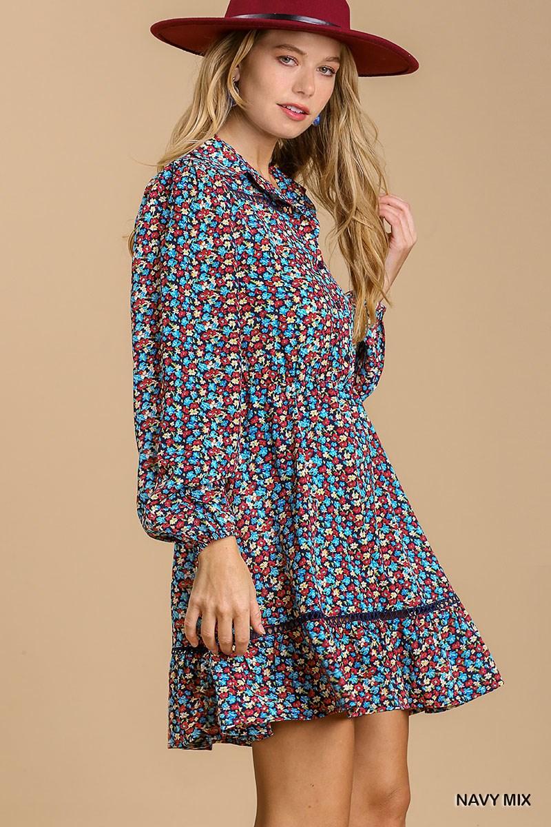 Collared neckline button down floral print dress with crochet trimmed details | Mixtshop LLC