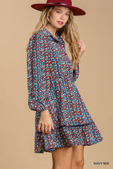 Collared neckline button down floral print dress with crochet trimmed details | Mixtshop LLC