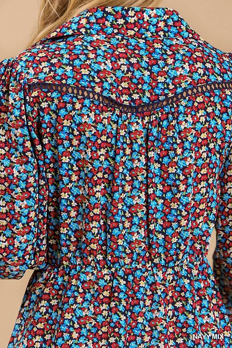 Collared neckline button down floral print dress with crochet trimmed details | Mixtshop LLC