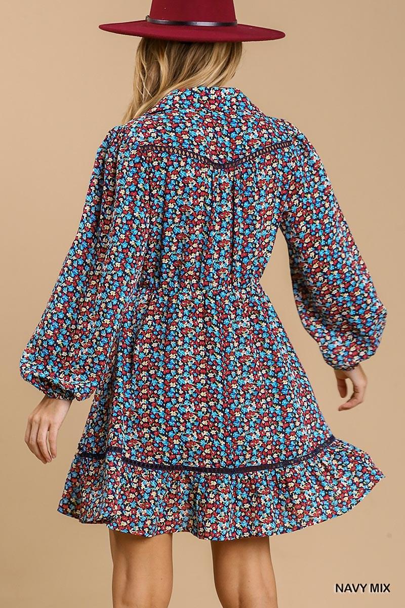 Collared neckline button down floral print dress with crochet trimmed details | Mixtshop LLC