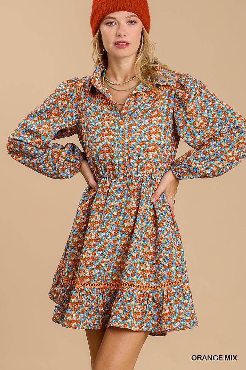 Collared neckline button down floral print dress with crochet trimmed details | Mixtshop LLC