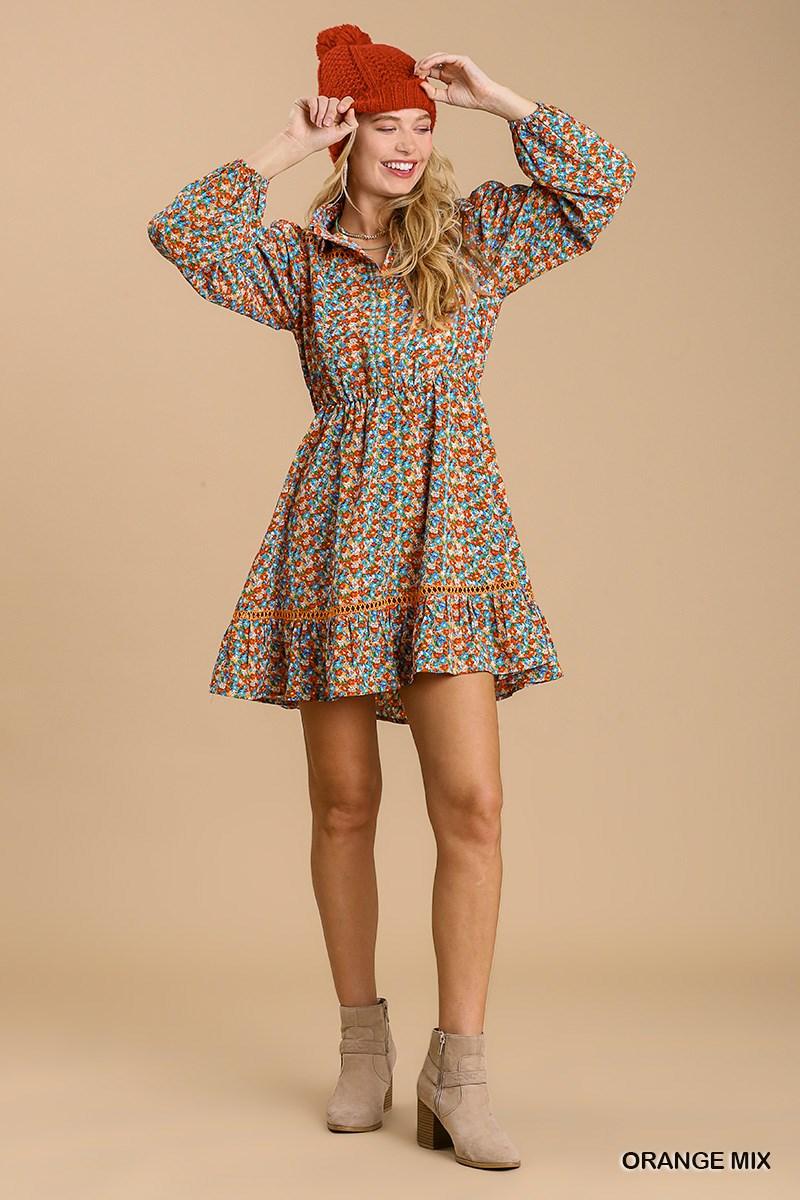Collared neckline button down floral print dress with crochet trimmed details | Mixtshop LLC