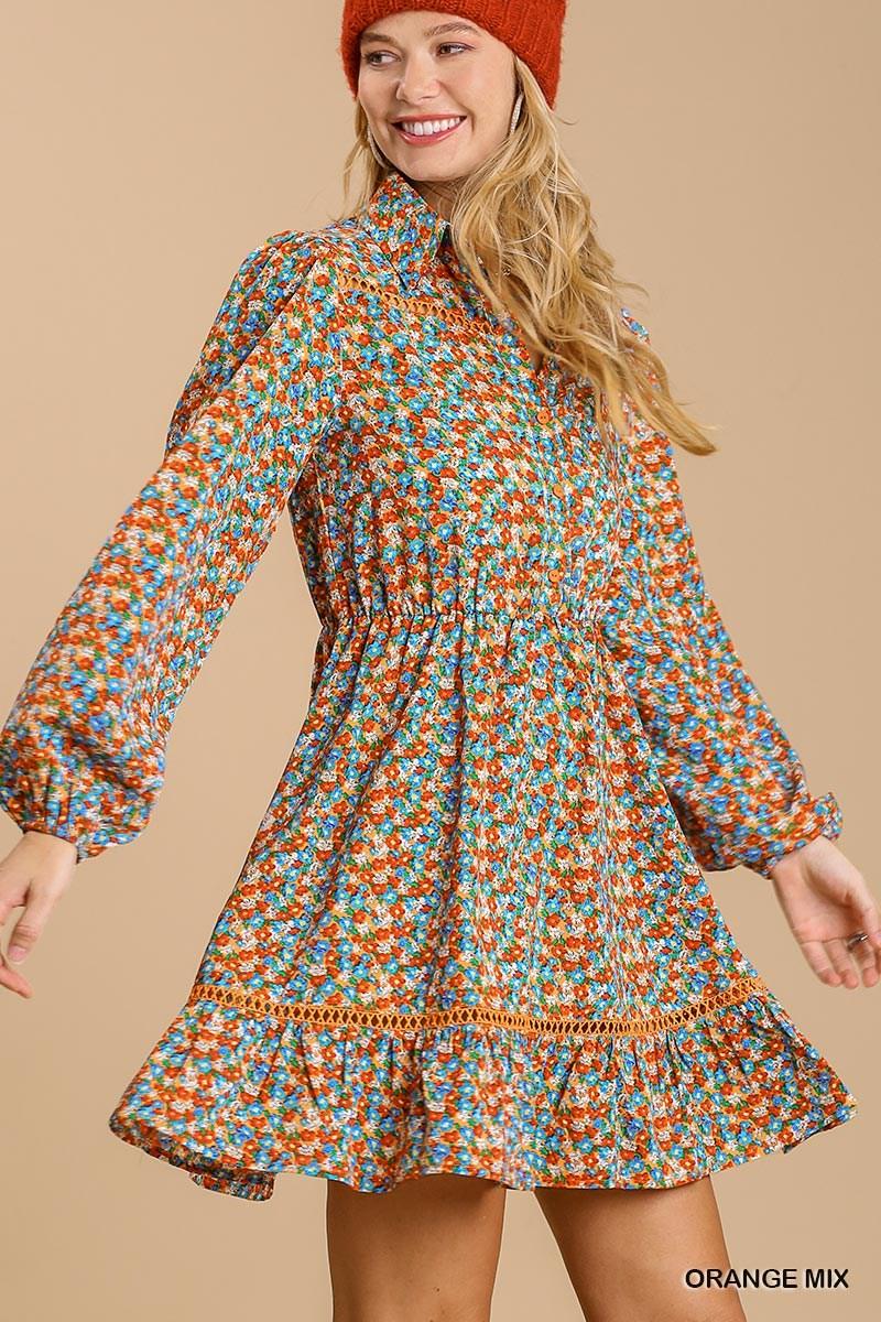 Collared neckline button down floral print dress with crochet trimmed details | Mixtshop LLC