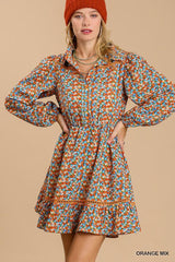 Collared neckline button down floral print dress with crochet trimmed details | Mixtshop LLC