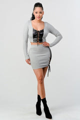 2 Piece Set With Cropped Long Sleeve Shirt With Pu Leather Detail Matching Mini Skirt | Mixtshop LLC
