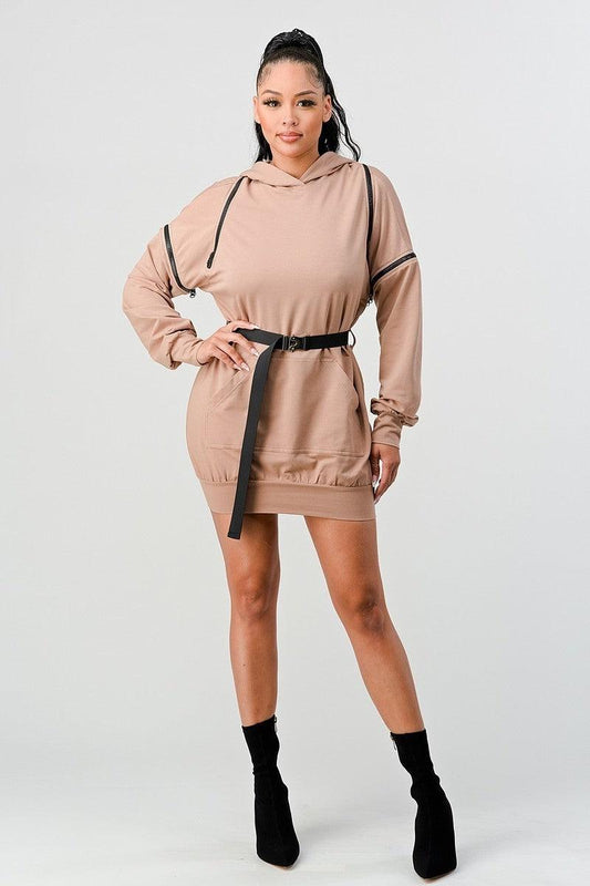 Double Zipper Long Sleeve Hooded Mini Dress | Mixtshop LLC