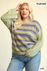 Novelty Knit And Solid Knit Mixed Loose Top With Drop Down Shoulder | Mixtshop LLC
