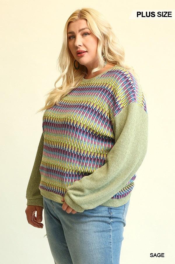 Novelty Knit And Solid Knit Mixed Loose Top With Drop Down Shoulder | Mixtshop LLC