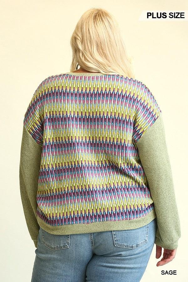 Novelty Knit And Solid Knit Mixed Loose Top With Drop Down Shoulder | Mixtshop LLC