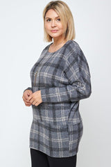 Boat Neck, Plaid Print Tunic Top, With Long Dolman Sleeves | Mixtshop LLC