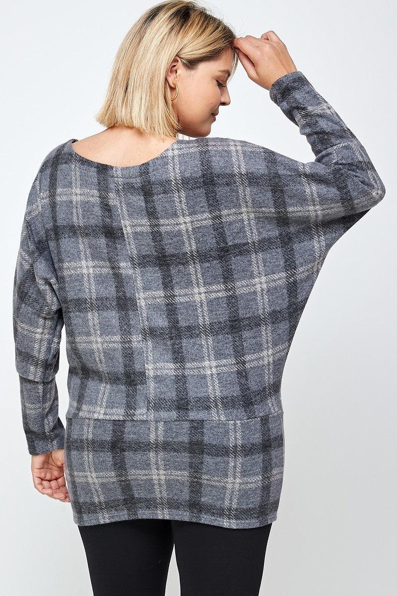 Boat Neck, Plaid Print Tunic Top, With Long Dolman Sleeves | Mixtshop LLC