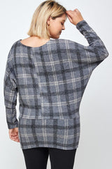 Boat Neck, Plaid Print Tunic Top, With Long Dolman Sleeves | Mixtshop LLC