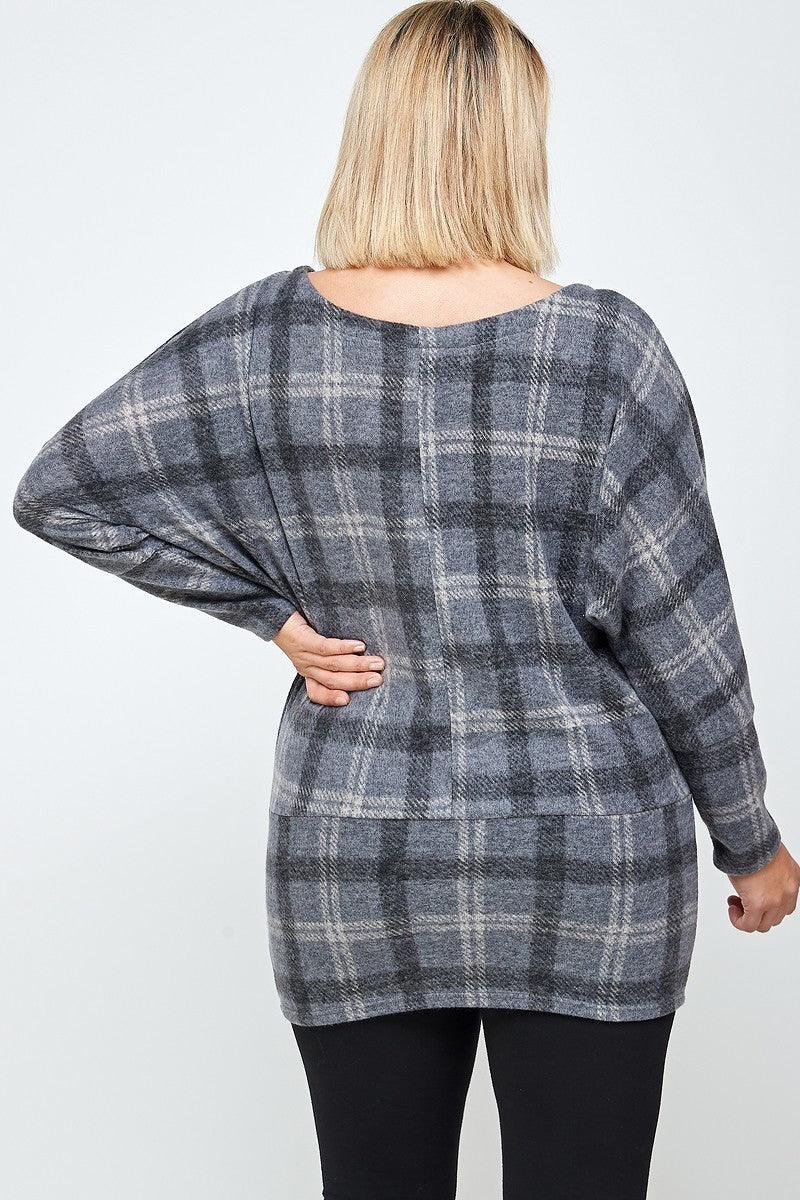 Boat Neck, Plaid Print Tunic Top, With Long Dolman Sleeves | Mixtshop LLC