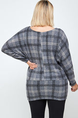 Boat Neck, Plaid Print Tunic Top, With Long Dolman Sleeves | Mixtshop LLC