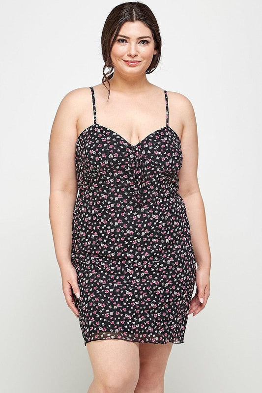 Plus Size Ditsy Floral Print On Mesh Fabric Cami Dress | Mixtshop LLC