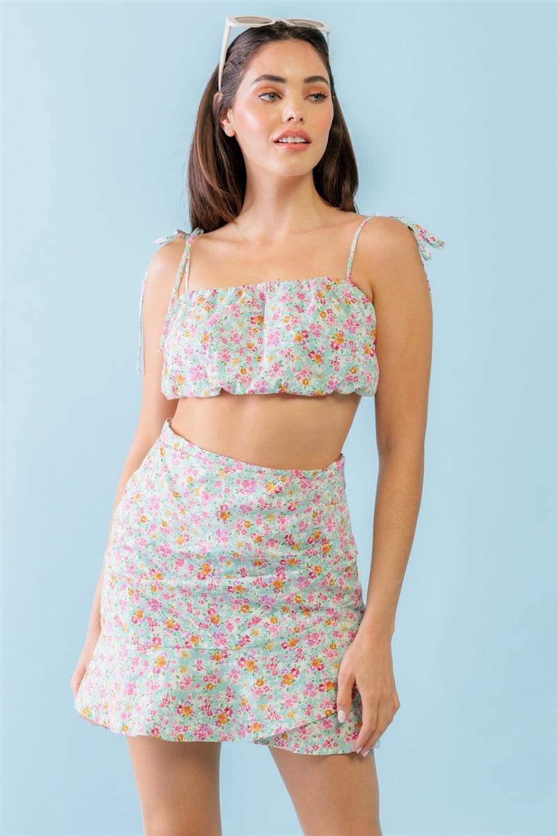 Mint Fuchsia Print Cotton Sleeveless Strappy Crop Top & High Waist Wrap Hem Mini Skirt Set | Mixtshop LLC