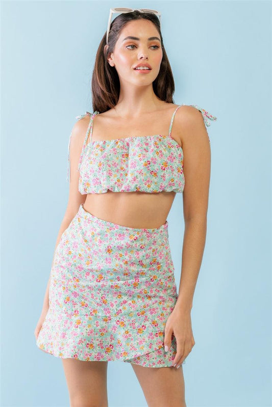 Mint Fuchsia Print Cotton Sleeveless Strappy Crop Top & High Waist Wrap Hem Mini Skirt Set | Mixtshop LLC