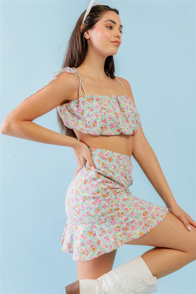 Mint Fuchsia Print Cotton Sleeveless Strappy Crop Top & High Waist Wrap Hem Mini Skirt Set | Mixtshop LLC