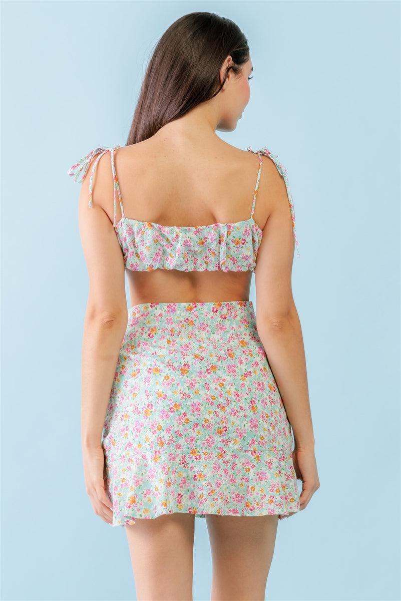 Mint Fuchsia Print Cotton Sleeveless Strappy Crop Top & High Waist Wrap Hem Mini Skirt Set | Mixtshop LLC