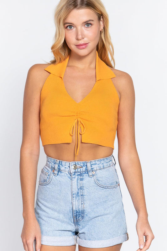 Halter Ruched Crop Sweater Knit Top | Mixtshop LLC
