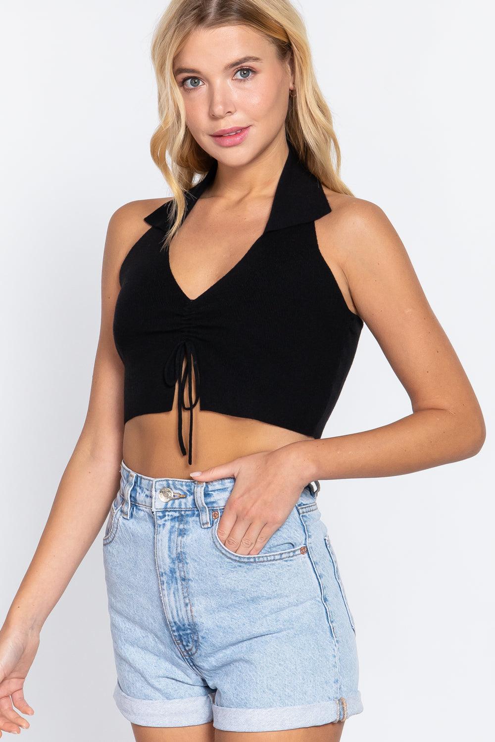 Halter Ruched Crop Sweater Knit Top | Mixtshop LLC