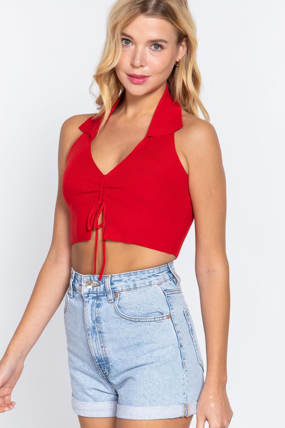 Halter Ruched Crop Sweater Knit Top | Mixtshop LLC
