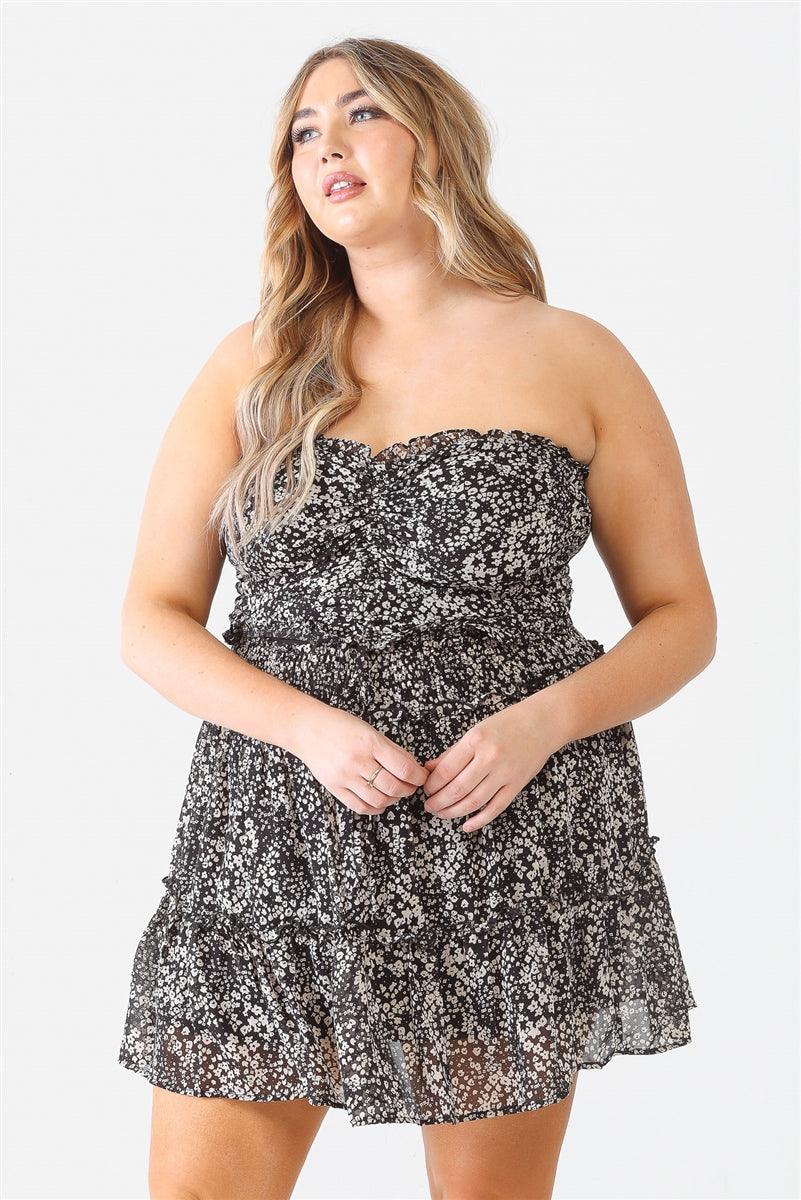 Plus Floral Print Ruched Ruffle Smocked Back Top & High Waist Flare Hem Mini Skirt Set | Mixtshop LLC