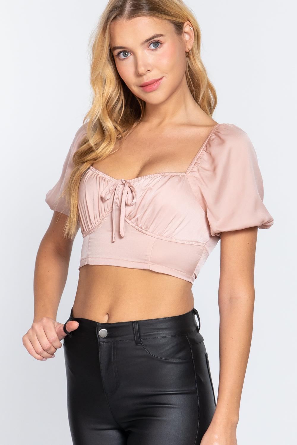 Short Slv Shirring Satin Crop Top | Mixtshop LLC