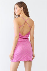 Fuchsia Geo Print Mesh Sleeveless Strappy Criss-cross Open Back Mini Dress | Mixtshop LLC