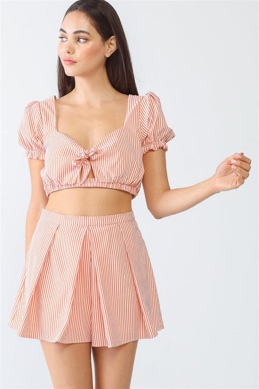 White & Orange Stripe Print Self-tie Short Sleeve Crop Top & High Waist Shorts Set | Mixtshop LLC