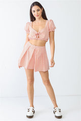 White & Orange Stripe Print Self-tie Short Sleeve Crop Top & High Waist Shorts Set | Mixtshop LLC