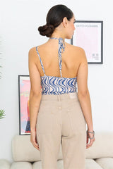 Cream & Blue Wave Print Mesh Asymmetrical Neck Self-tie Strap Bodysuit | Mixtshop LLC