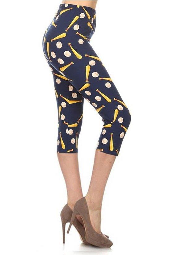 Baseball Printed, High Waisted Capri Leggings In A Fitted Style With An Elastic Waistband | Mixtshop LLC