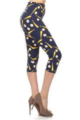 Baseball Printed, High Waisted Capri Leggings In A Fitted Style With An Elastic Waistband | Mixtshop LLC