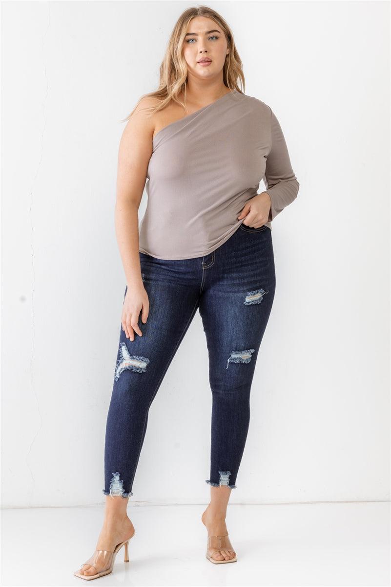 Plus Mocha Textured One Shoulder Top | Mixtshop LLC
