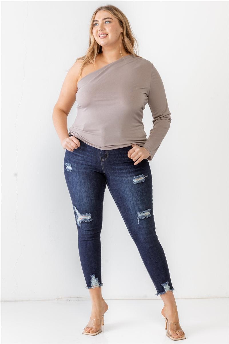 Plus Mocha Textured One Shoulder Top | Mixtshop LLC