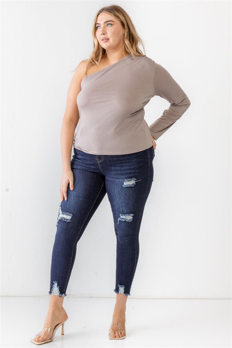 Plus Mocha Textured One Shoulder Top | Mixtshop LLC