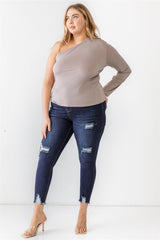 Plus Mocha Textured One Shoulder Top | Mixtshop LLC