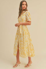 Button closure waist belt puff sleeve dress | Mixtshop LLC