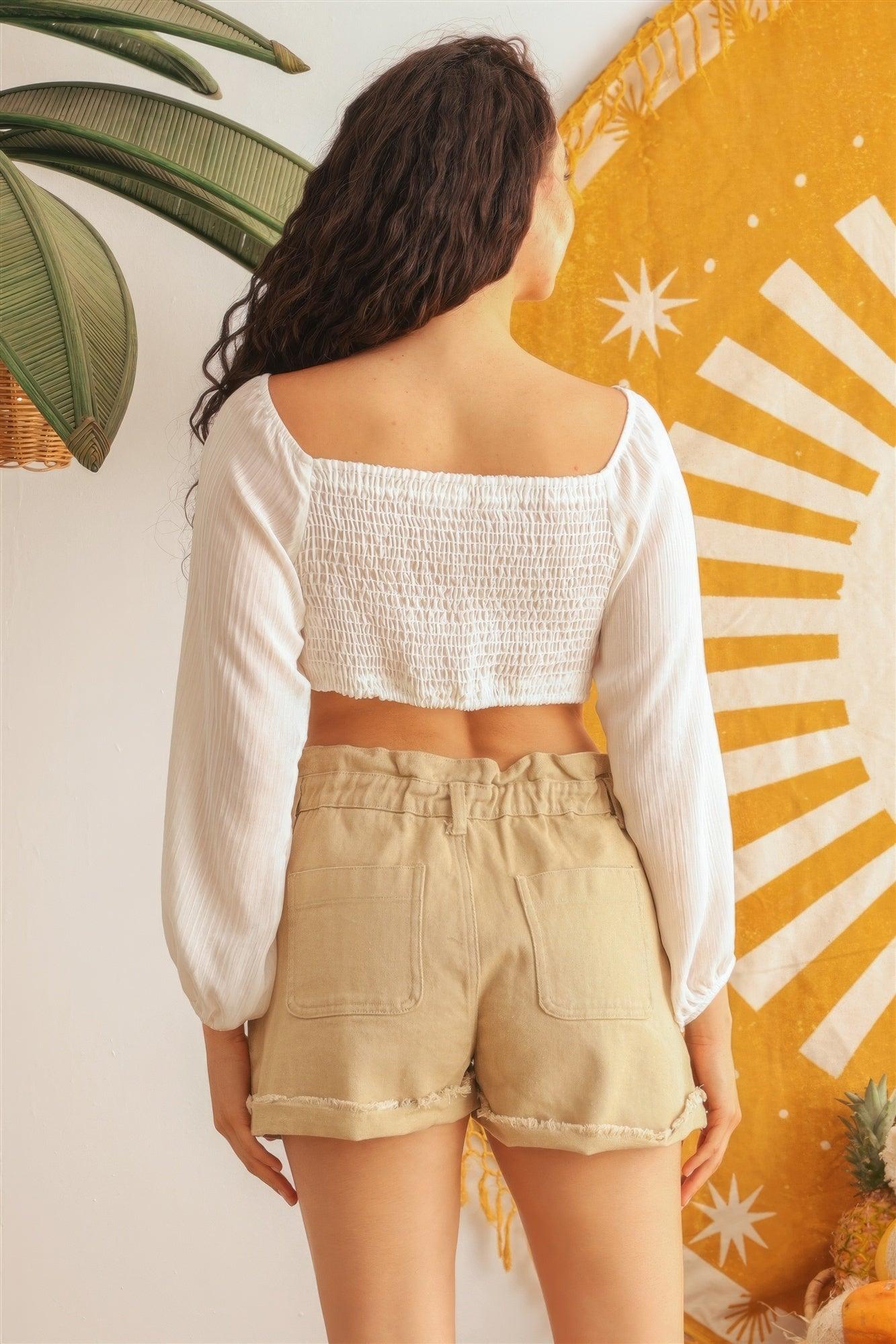 Ivory Puff Long Sleeve Smocked Back Crop Top | Mixtshop LLC