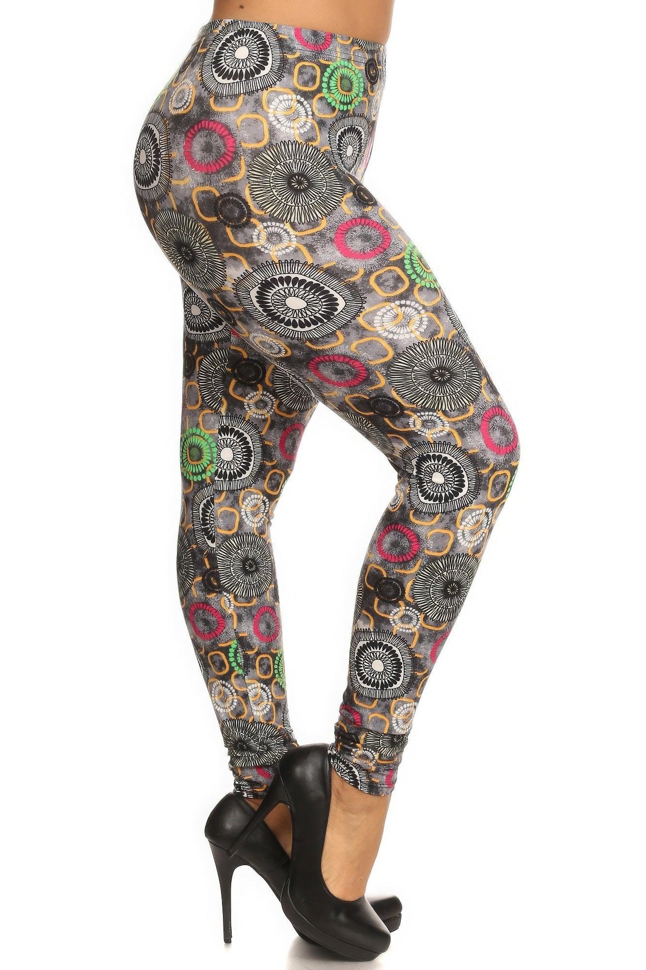 Plus Size Abstract Print, Full Length Leggings In A Slim Fitting Style With A Banded High Waist | Mixtshop LLC