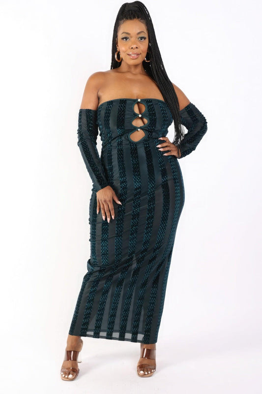 Striped Velvet Off Shoulder Dress | Mixtshop LLC